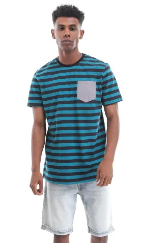 94976 Side Pocket Striped Teal Blue & Black Cotton T-Shirt