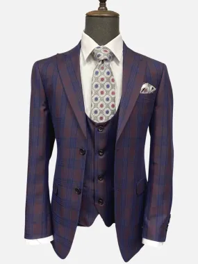 Classic Burgundy and Blue Plaid 3-Piece Suit with Peak Lapel - Slim Fit Mens