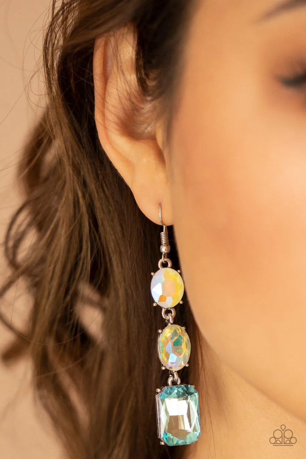 Dripping In Melodrama Blue Iridescent Rhinestone Earrings - Paparazzi Accessories