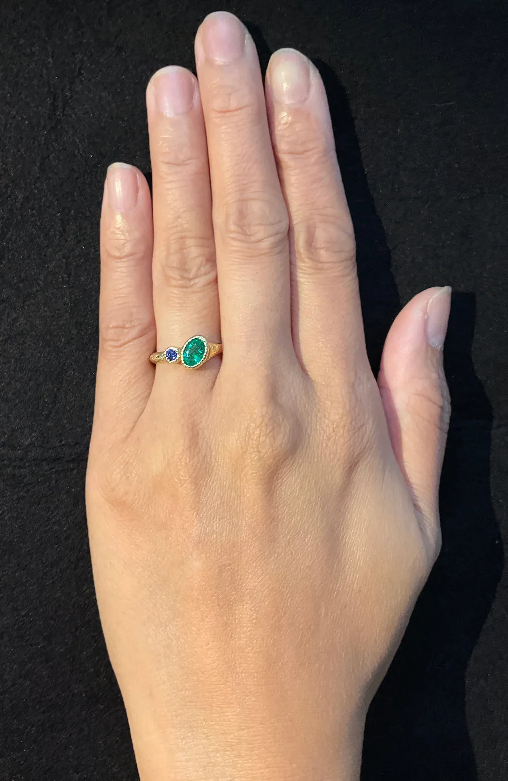 Duo Signet Ring with oval emerald and round sapphire