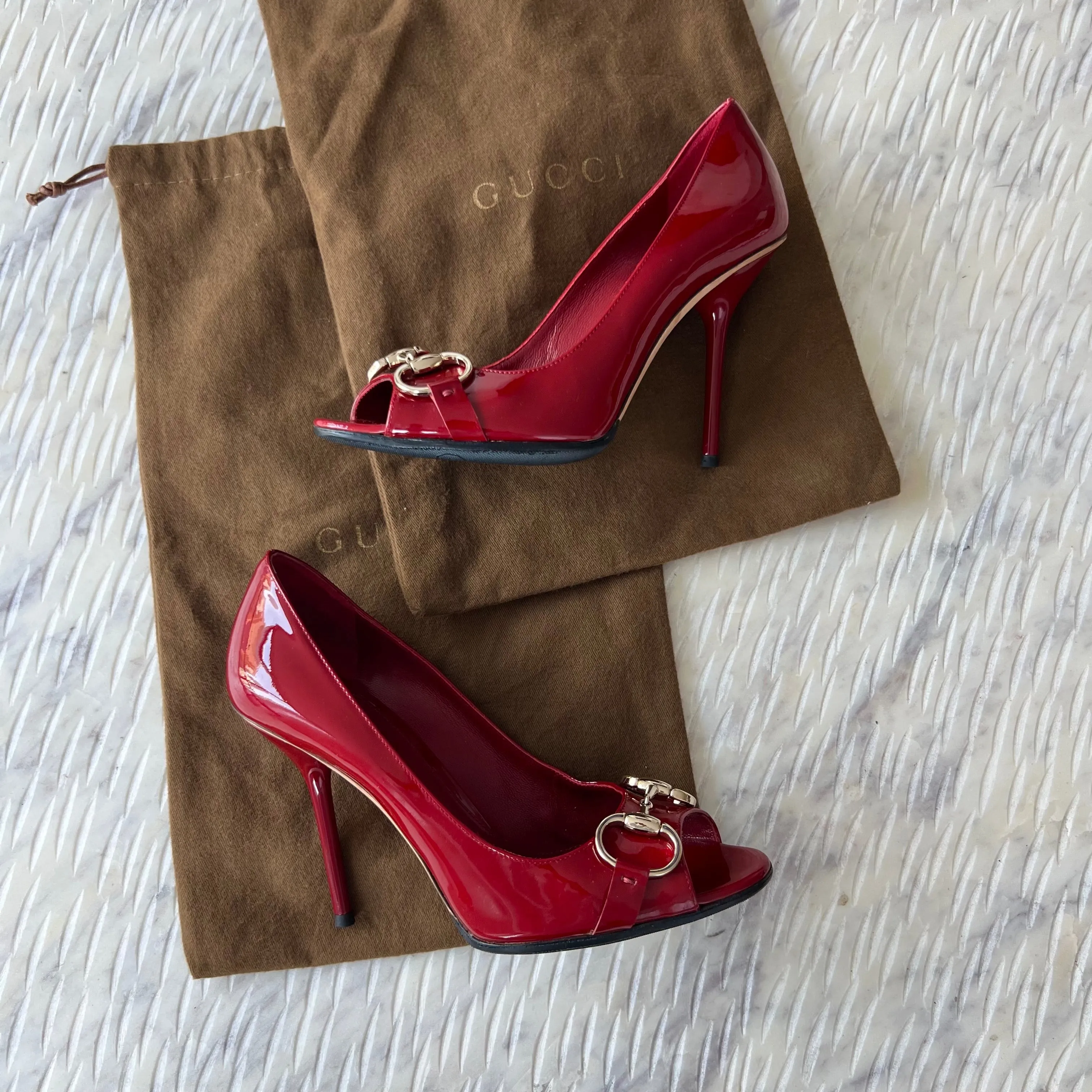 GUCCI Red Horsebit Potent Peep Toe Pumps