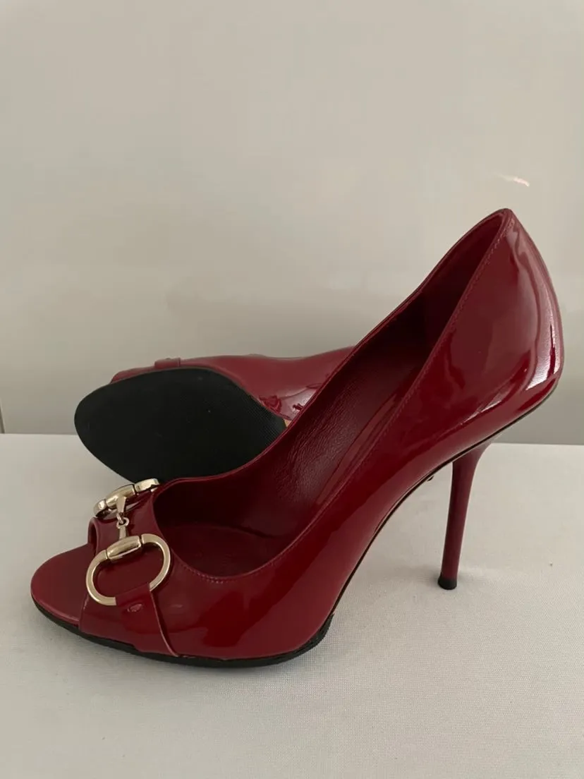 GUCCI Red Horsebit Potent Peep Toe Pumps