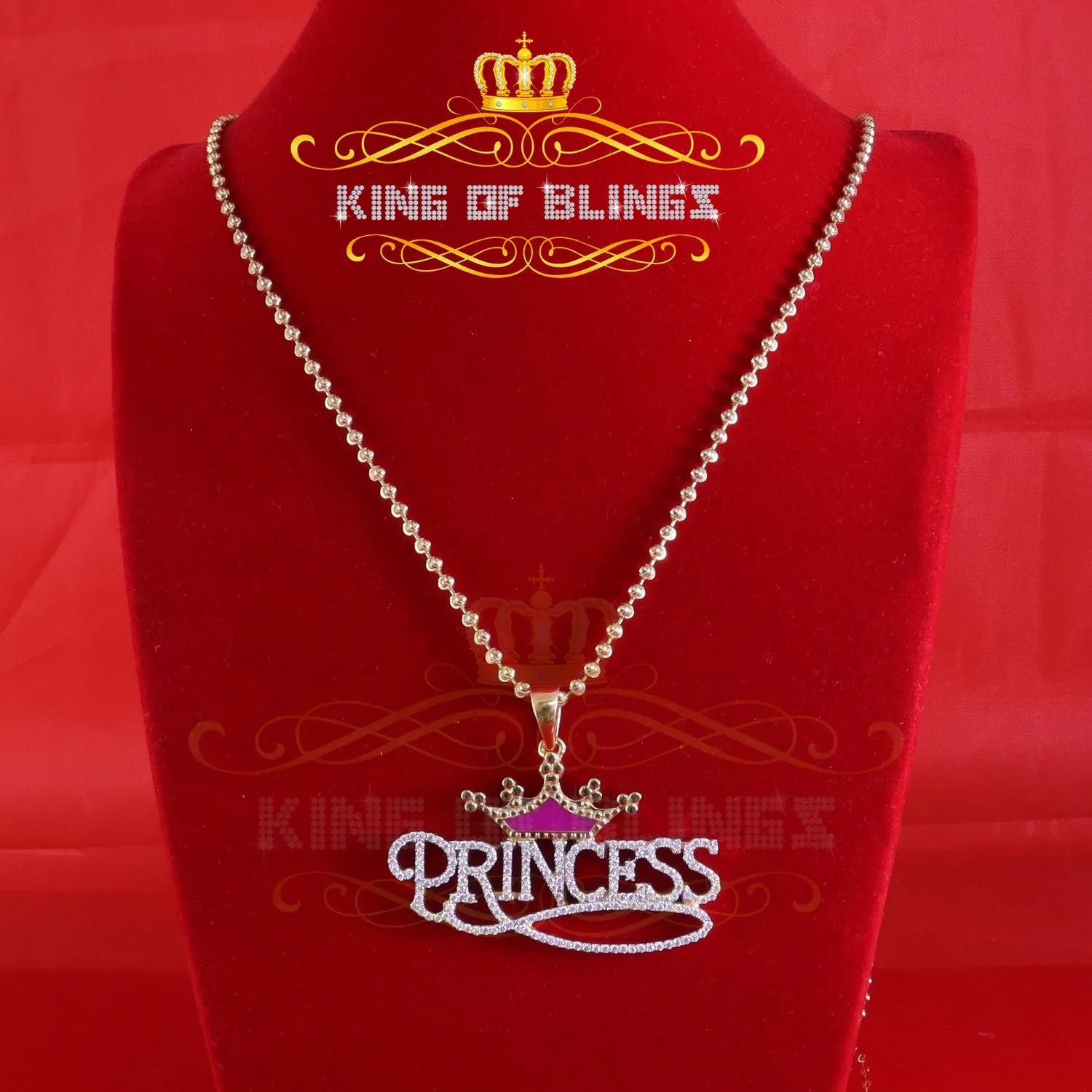 King Of Bling's 3ct Real Moissanite 925 Silver PRINCESS with Pink Enamel CROWN Yellow Pendant