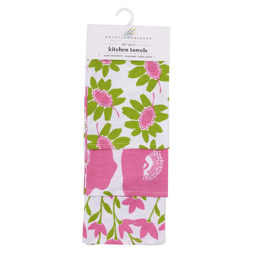 Poppies Pink Cotton Kitchen Towel (Set 3)