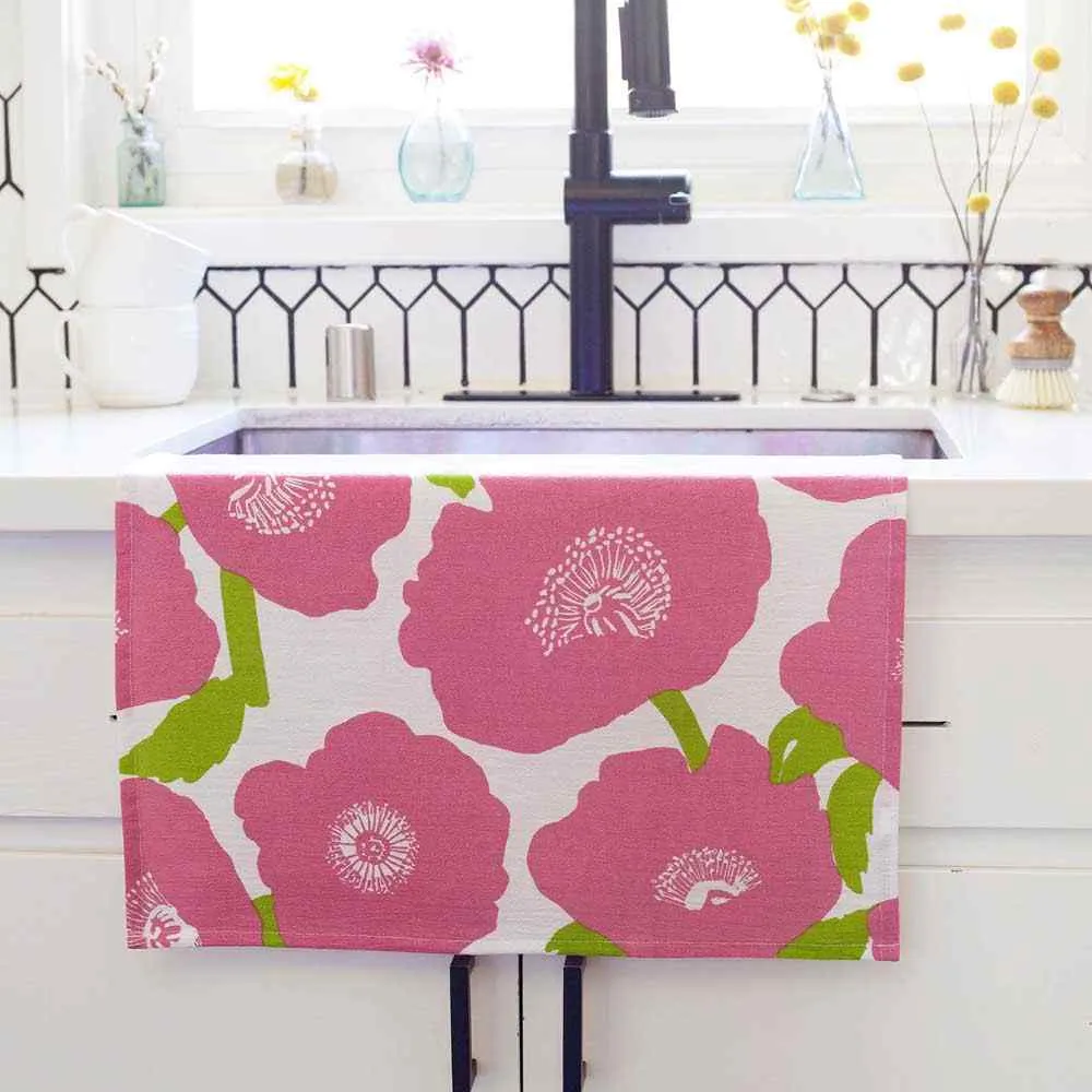 Poppies Pink Cotton Kitchen Towel (Set 3)