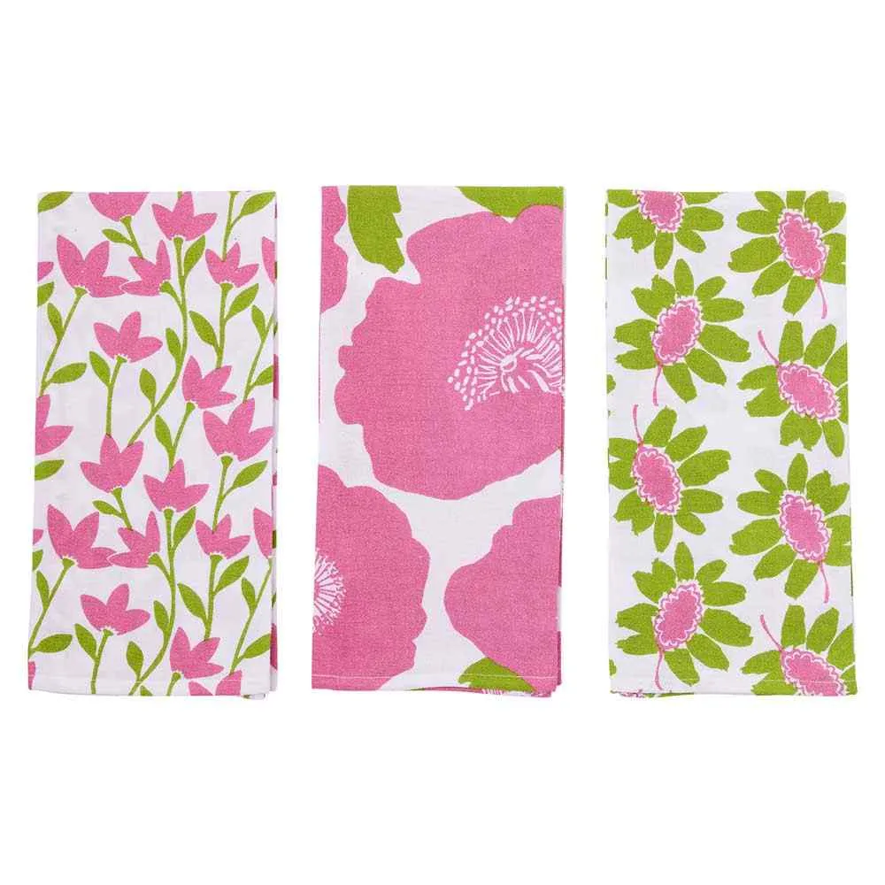 Poppies Pink Cotton Kitchen Towel (Set 3)