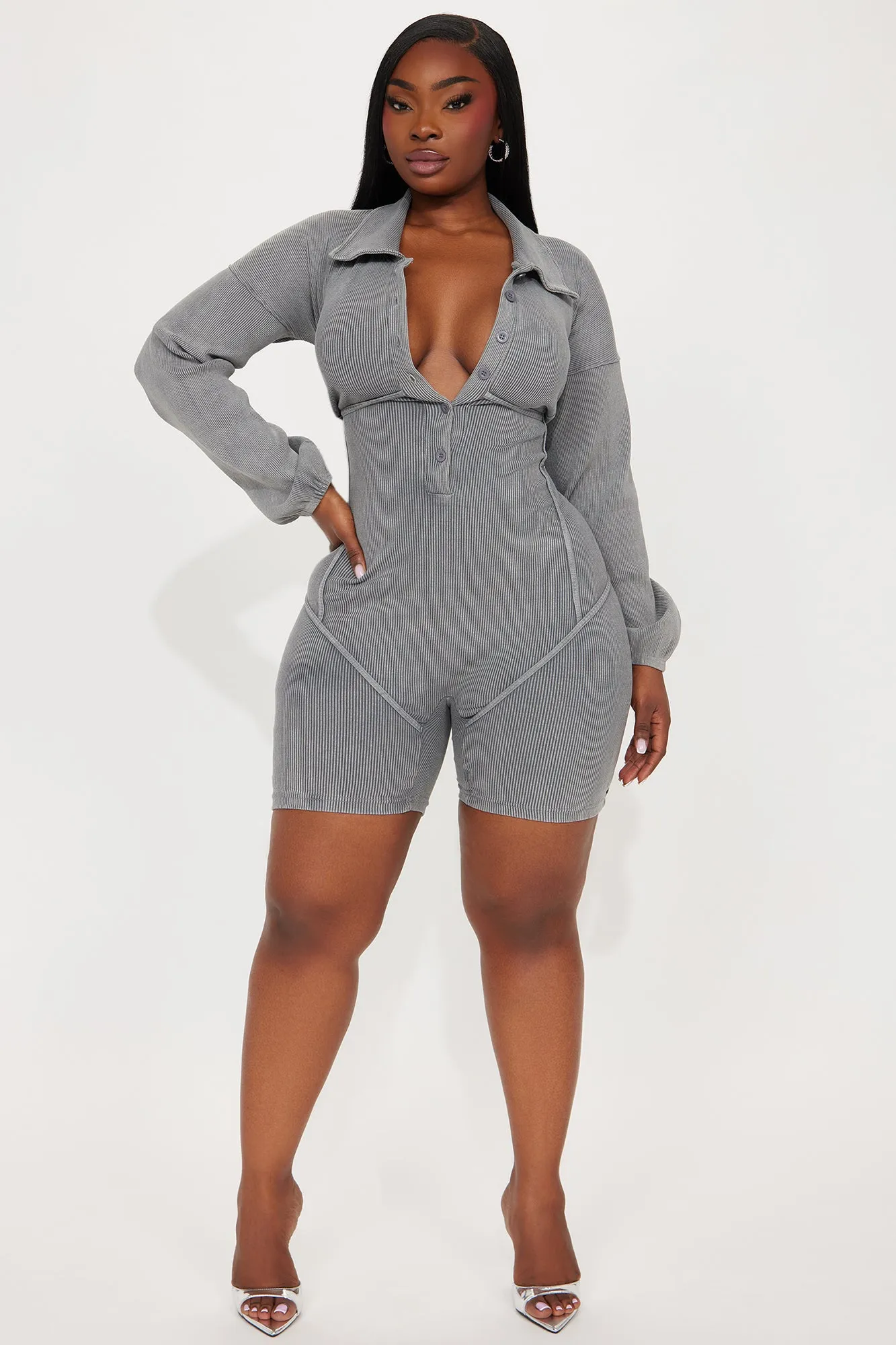 She's Just The One Ribbed Romper - Grey