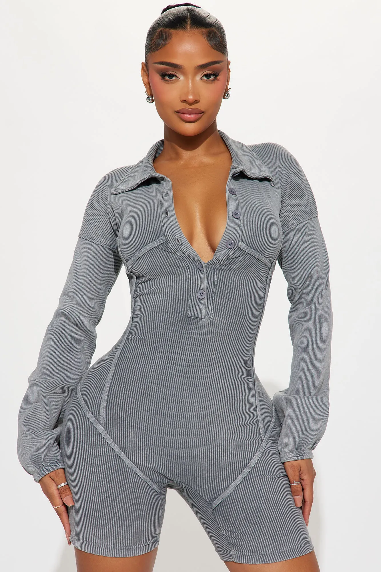 She's Just The One Ribbed Romper - Grey