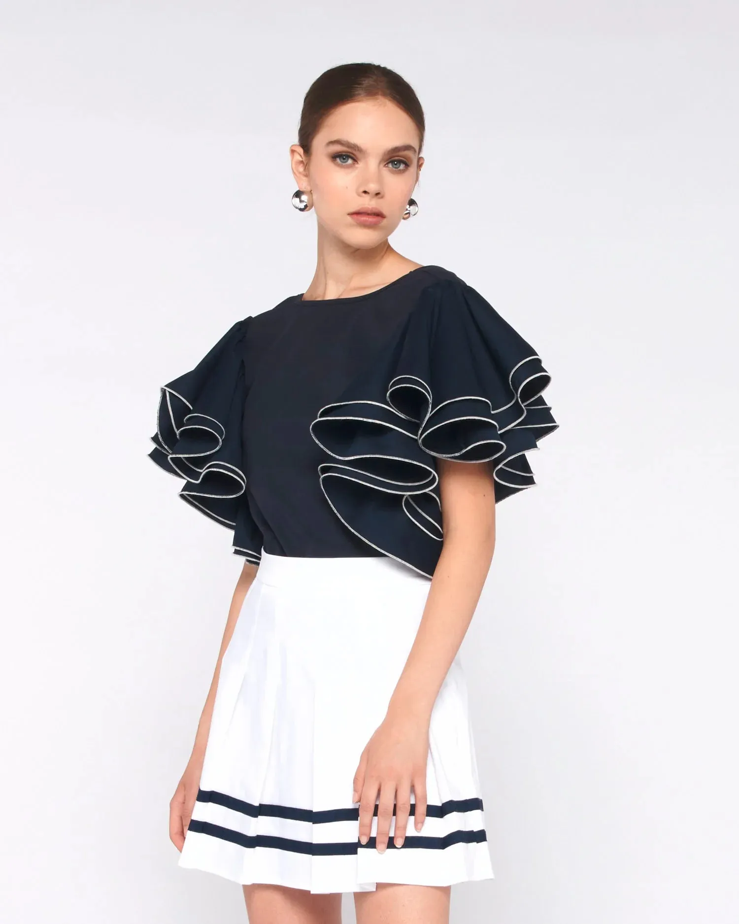 Silvian Heach Navy Top With Ruffle Sleeves