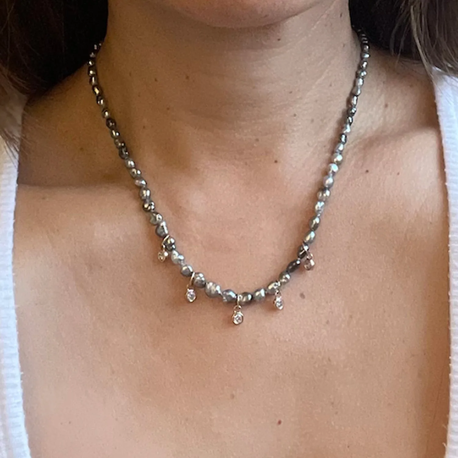 Tahitian pearl necklace with diamond charms