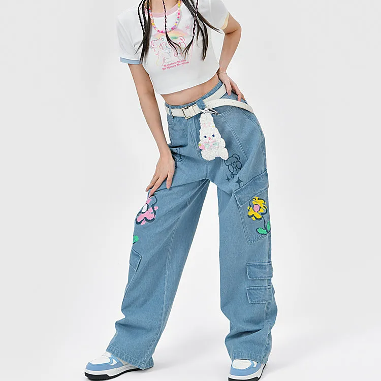 Y2K Style Denim Baggy Blue Bear Pants ON625