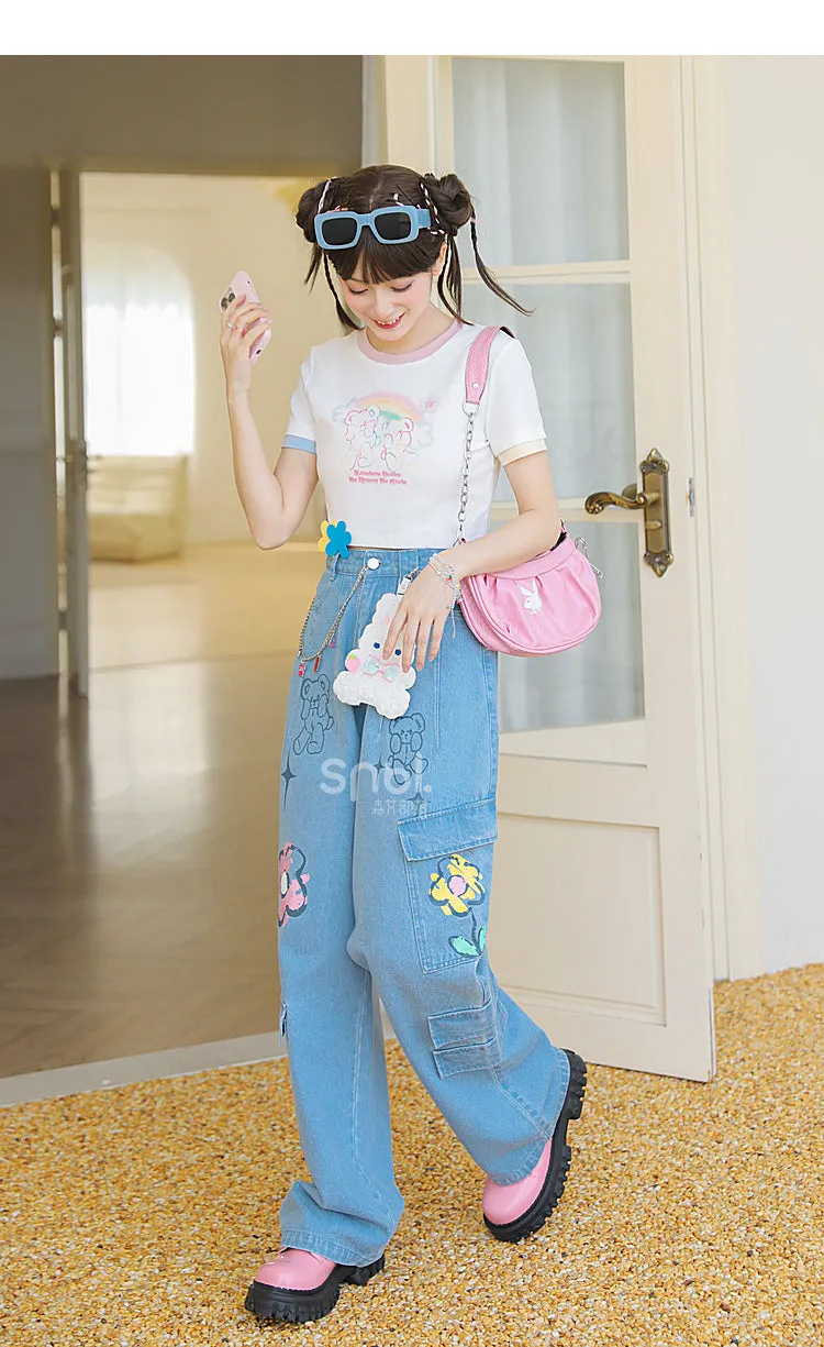 Y2K Style Denim Baggy Blue Bear Pants ON625